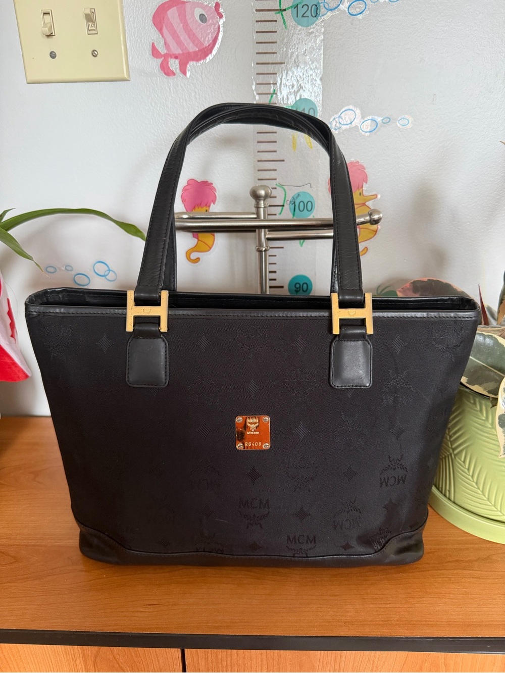 MCM Black Jacquard Tote with Gold Hardware and Logo Plaque